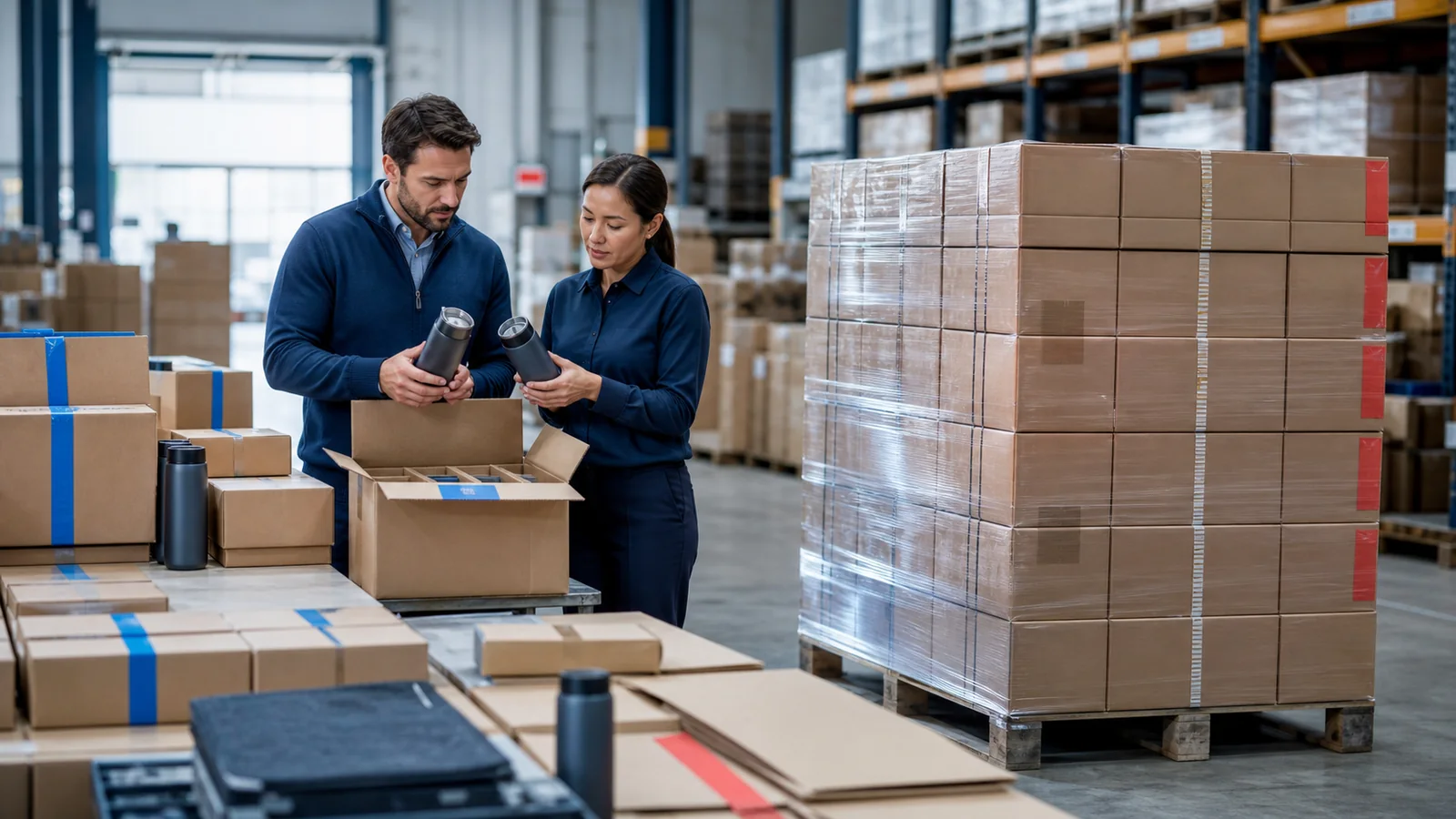 A small urgent air-freight batch and a larger sea-freight batch of matching neutral corporate gifts staged separately
