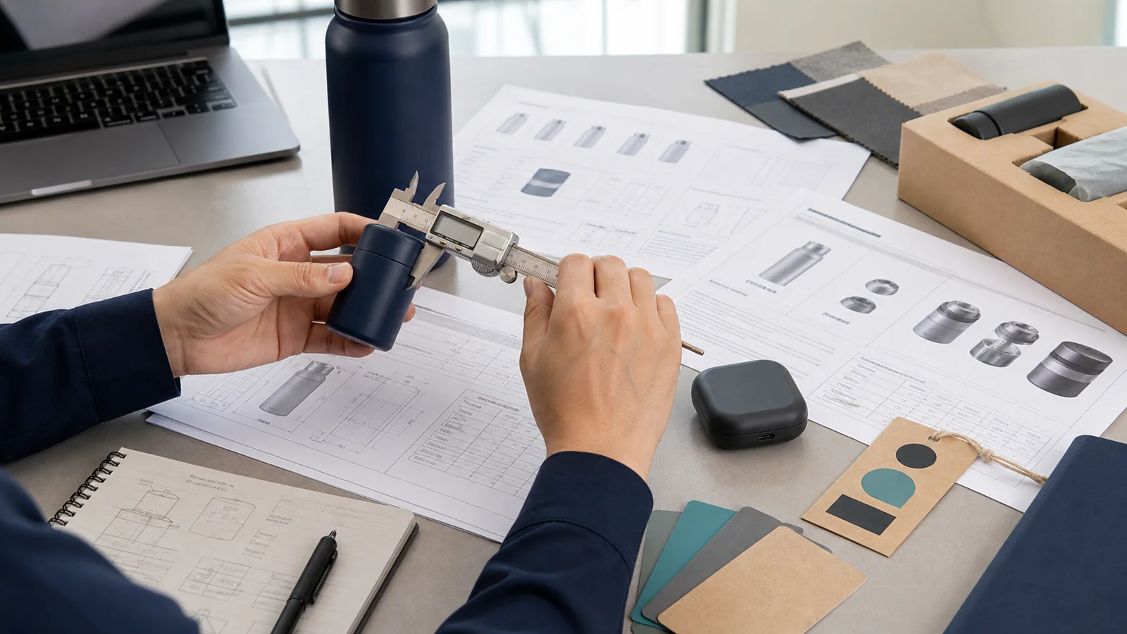 Supplier Sample and Document Verification A procurement specialist measuring an unbranded product sample beside technical documents and material swatches