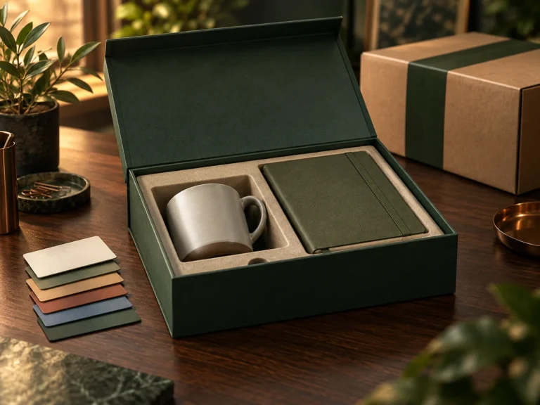 Unbranded executive gift kit with a ceramic cup and notebook beside six blank approval cards