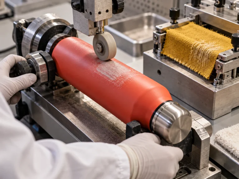Gloved technician running an abrasion wheel across a coral bottle beside a frayed textile sample