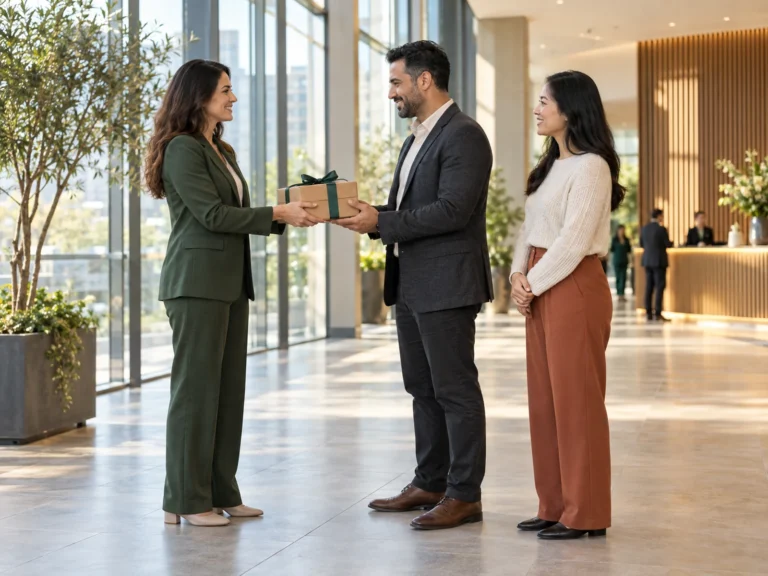 Business representatives exchanging a modest team gift parcel in a bright office atrium