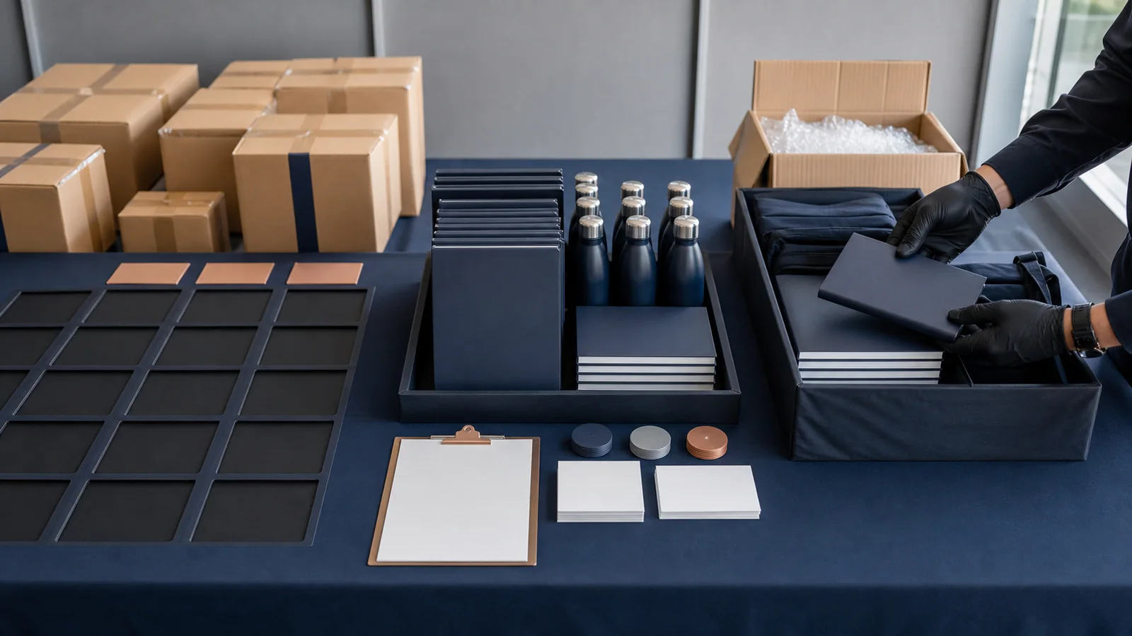 Event team reconciling distributed merchandise, protected reserve and reusable stock after a conference