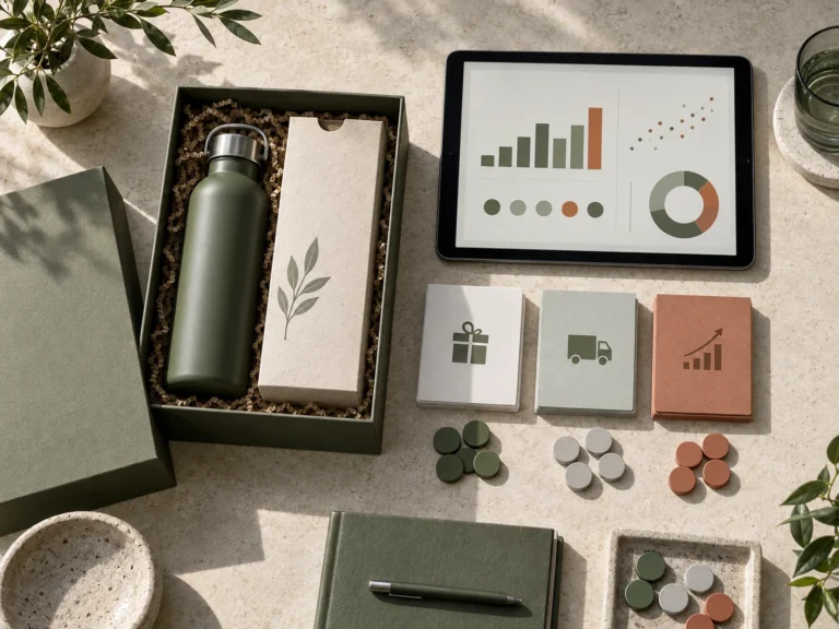 Overhead view of an unbranded corporate gift box beside abstract campaign charts and coloured measurement tokens