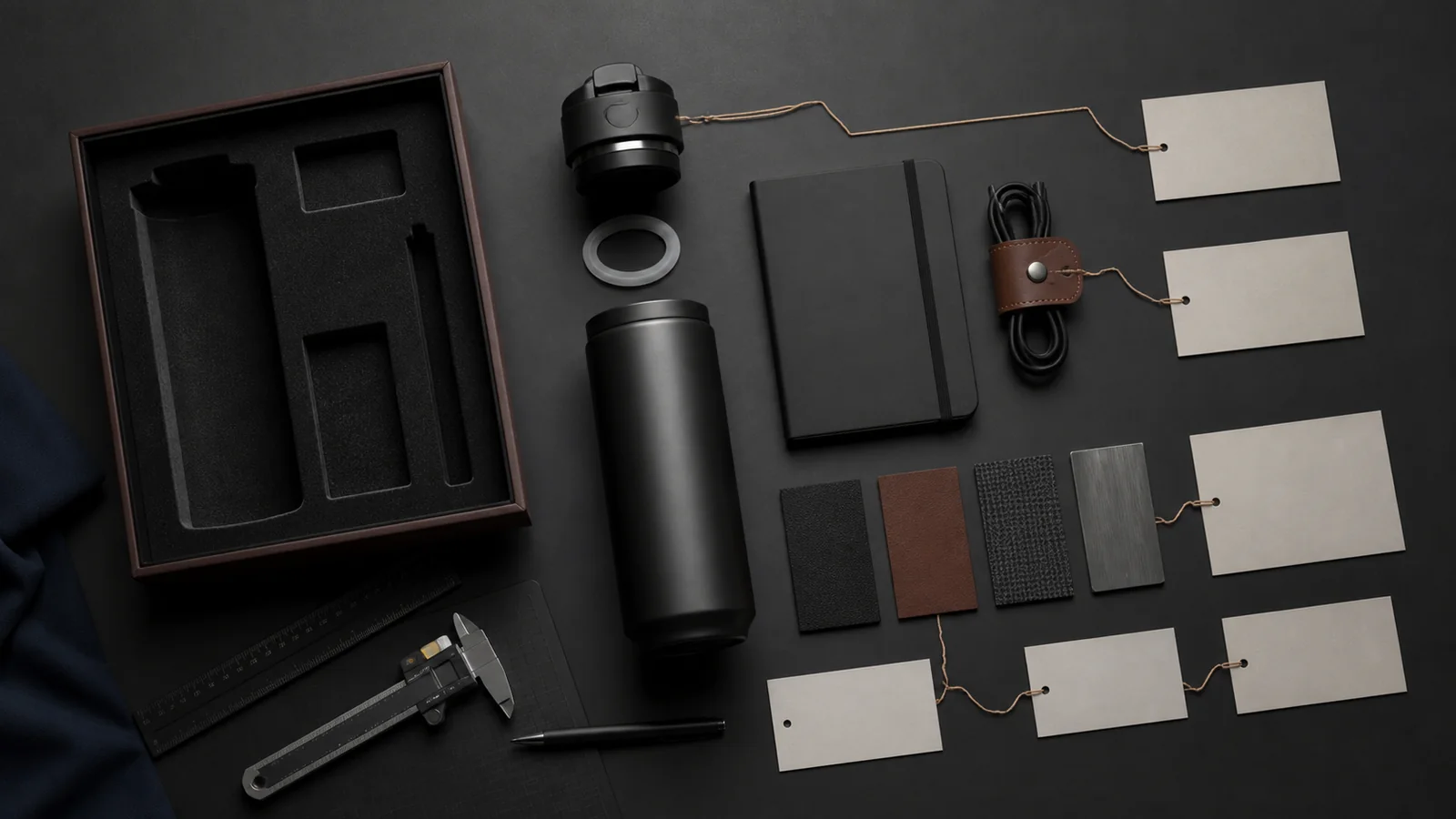 Unbranded gift components packaging and material samples arranged as one controlled specification