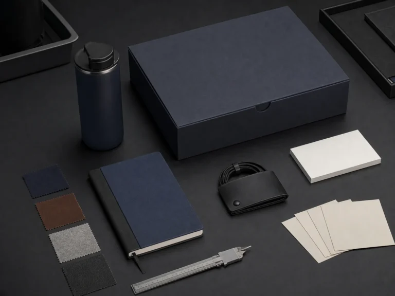 Home 6 Unbranded gift components packaging and material samples arranged as one controlled specification