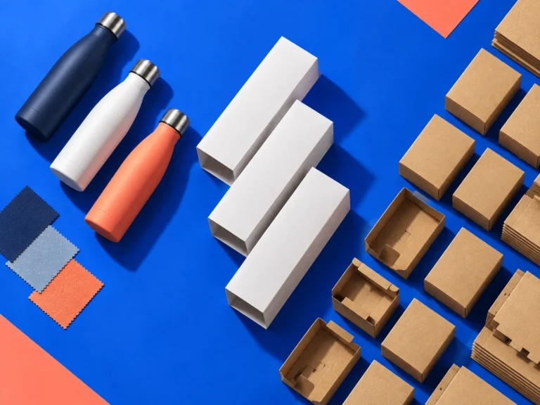 Unbranded bottles, sleeves and packaging components arranged in three minimum-quantity groups