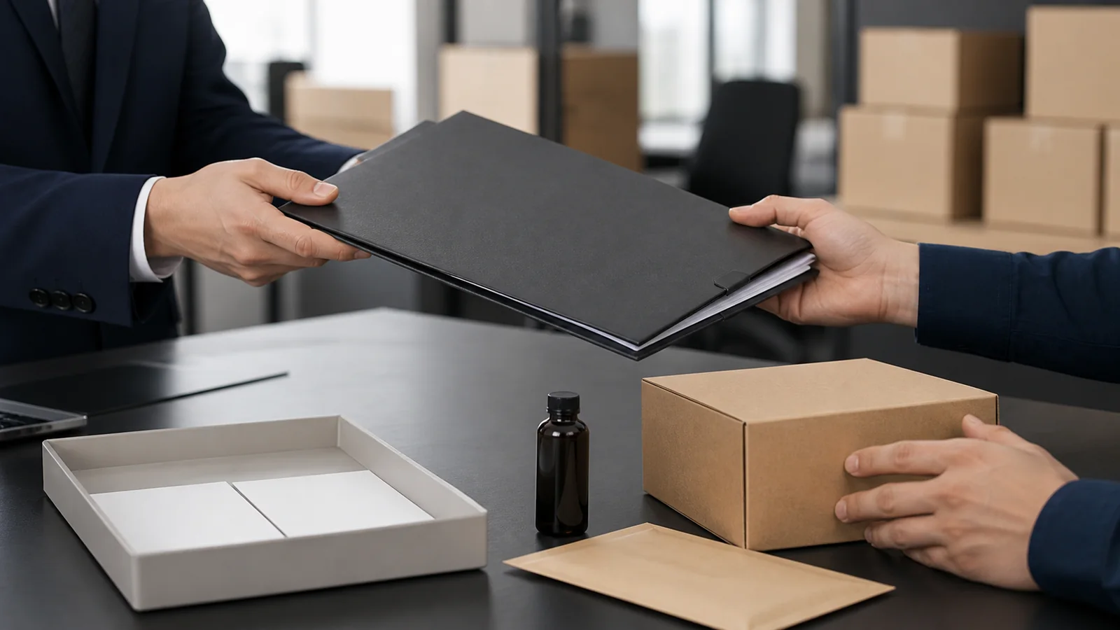 Plain cartons and commercial documents arranged for a controlled customs broker hand-off
