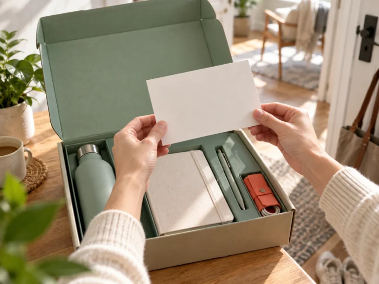 Home 5 New employee opening a modular welcome box with practical first-month items at home