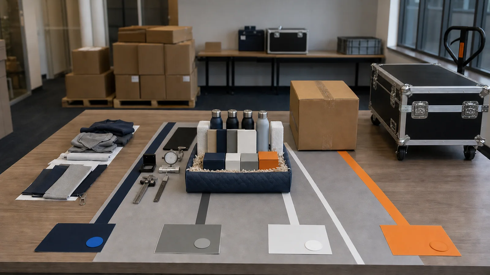 Event merchandise failure branches Event team reviewing separate production, quality, freight and venue failure branches around unbranded merchandise