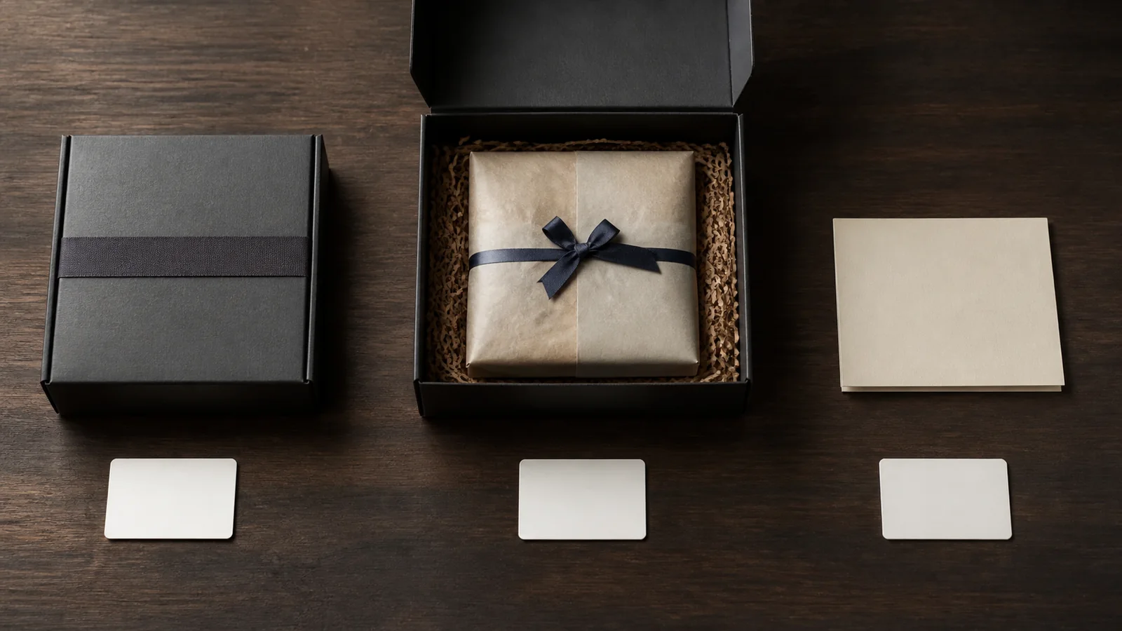 Plain parcels and blank milestone cards arranged as a delivery-to-conversation timeline
