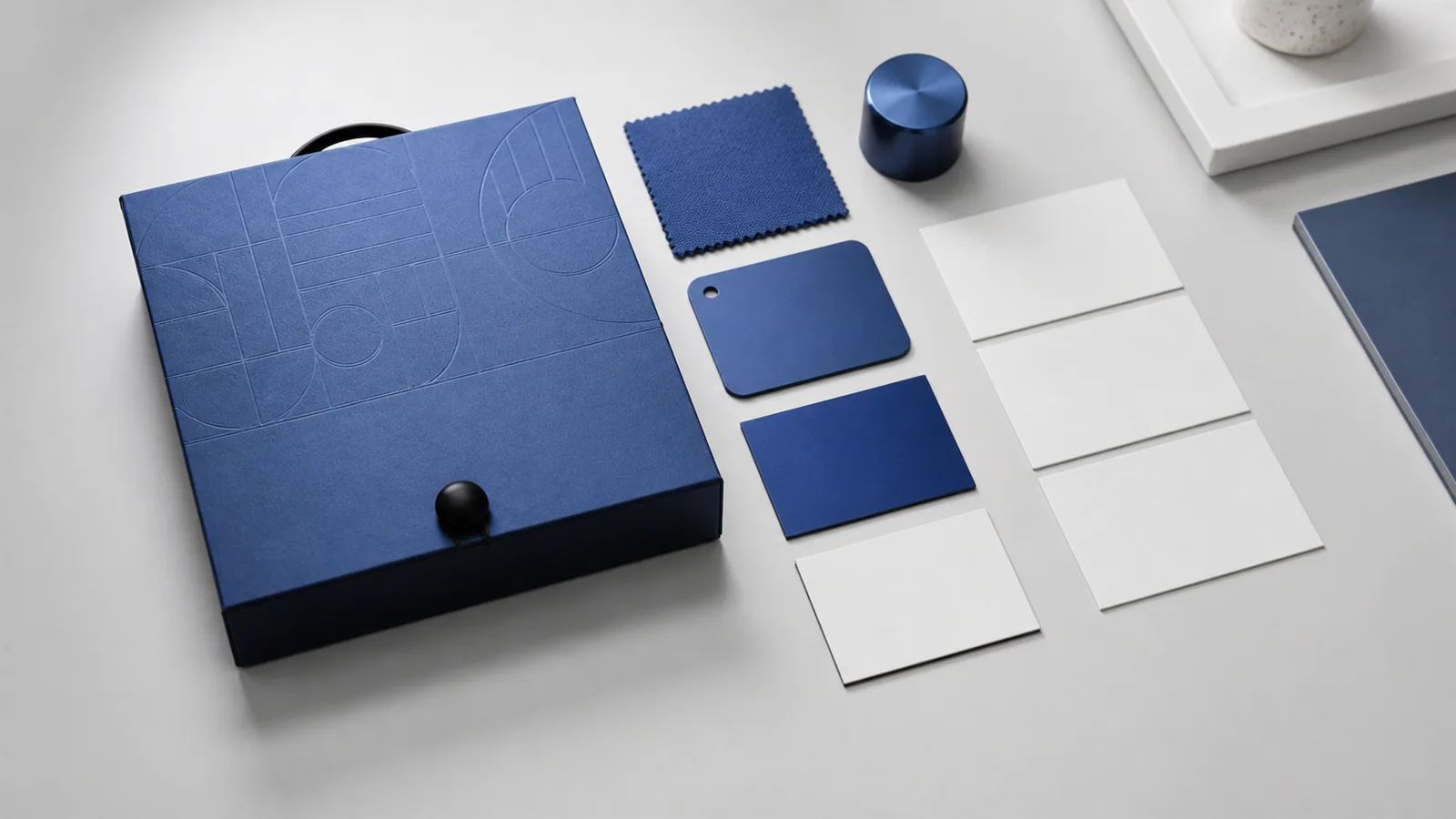 Physical colour swatches, blank specification cards and product samples arranged as a material-specific reference hierarchy
