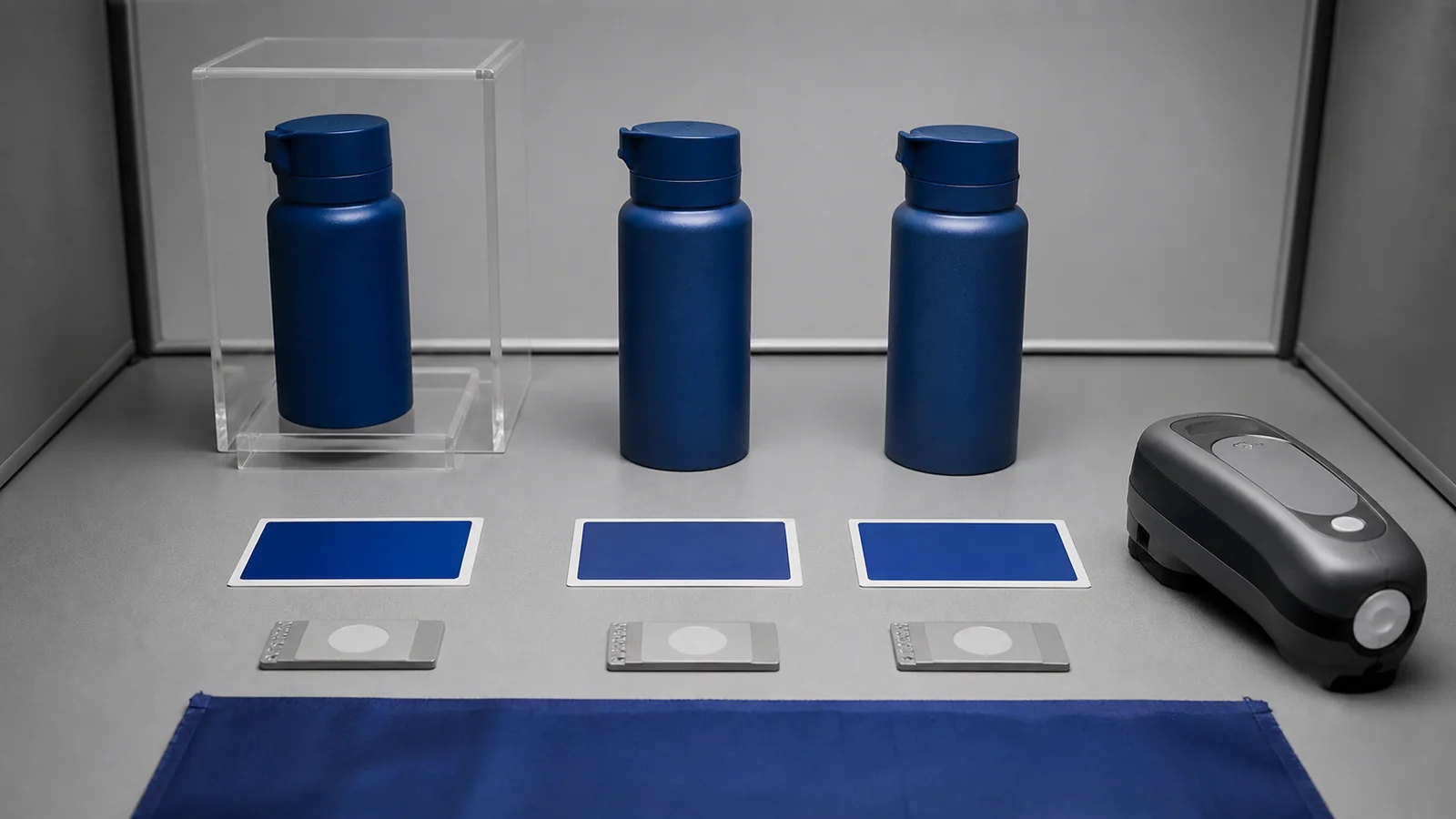 Approved master, current production sample and neutral tolerance markers on a repeat-production colour control bench